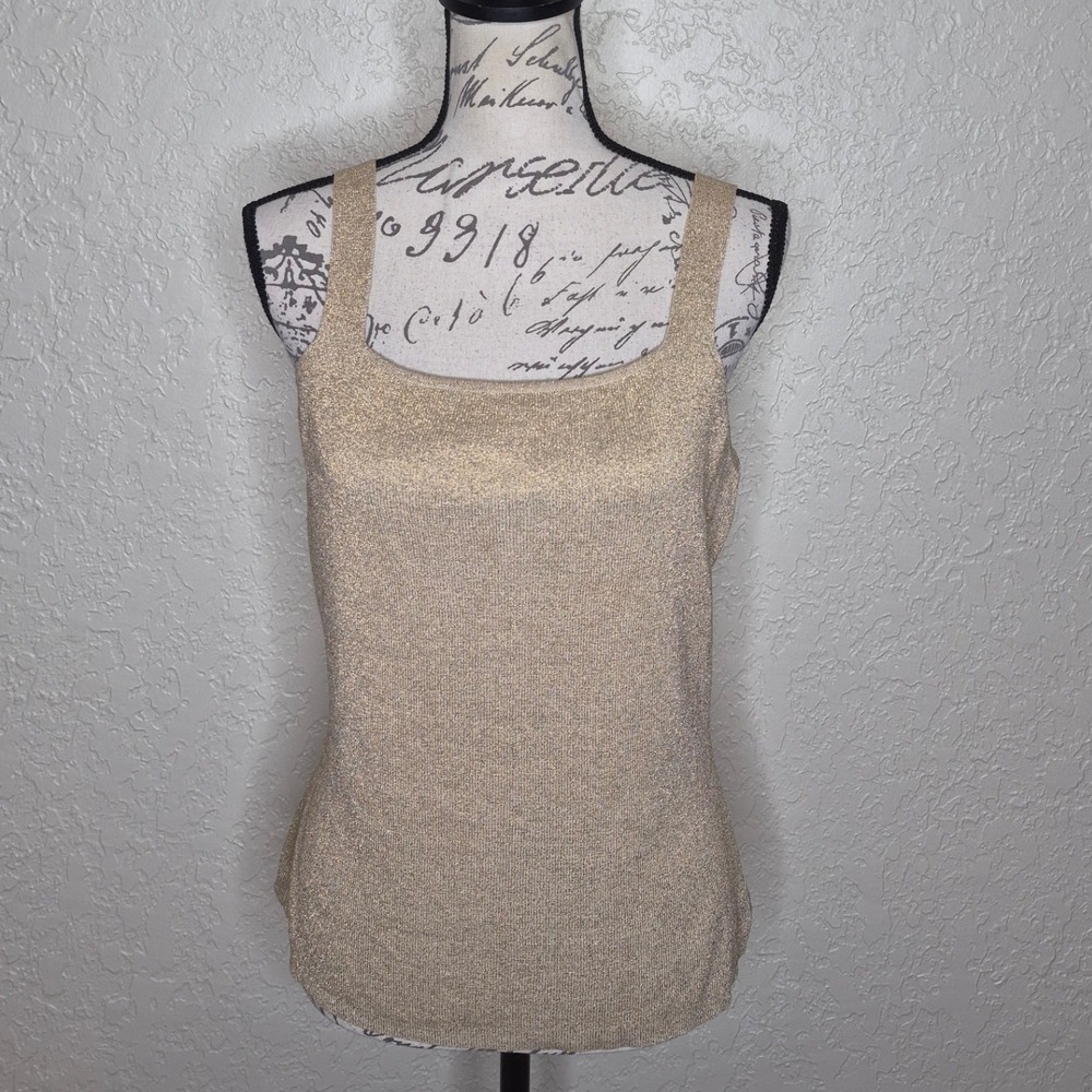Claudia D. Gold Metallic Silk Blend Knit Tank Top Square Neck Sleeveless Medium